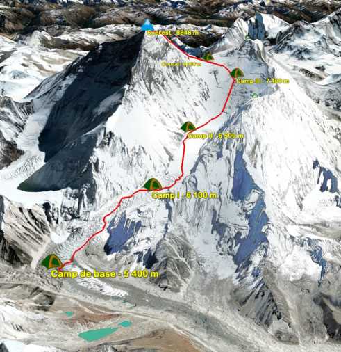 Carte de l'ascension de l'Everest par le versant Népalais