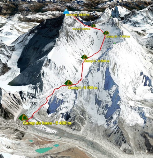 Map on ascent Mount Everest by south Nepal side