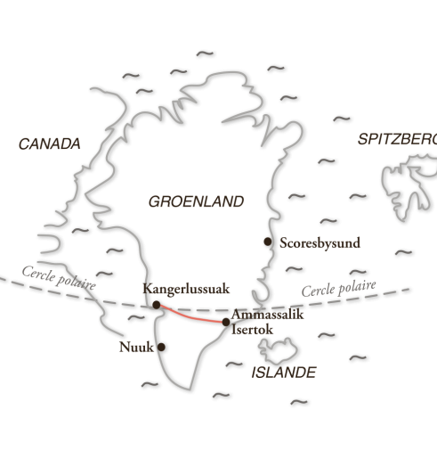 Carte de la traversée du Groenland d'ouest en est