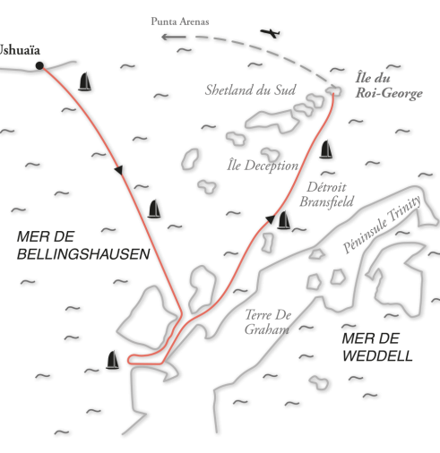 Map sailboat exploration of the Antarctic Peninsula