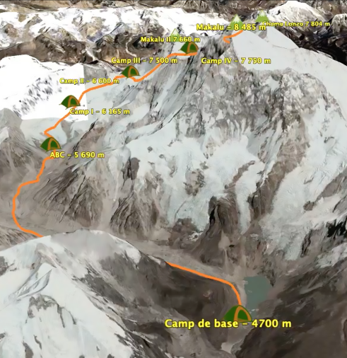 Carte ascension du Makalu à 8485 mètres au Népal
