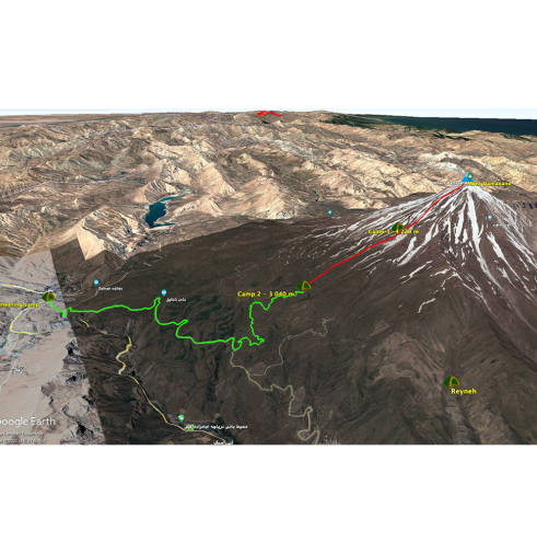 Map climb Mount Damavand volcano at 5610 meters in Iran