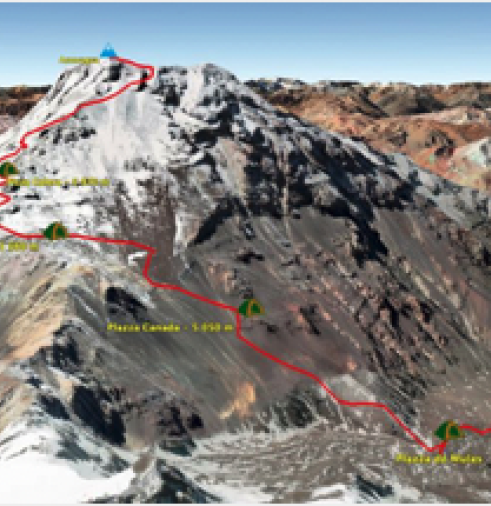 Map climb Aconcagua at 6962 meters Polish traverse route