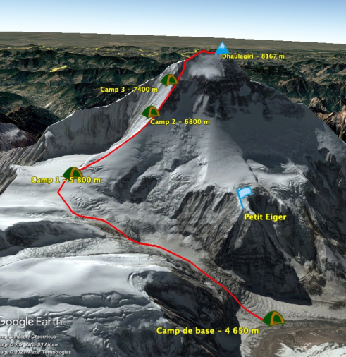 Map climb Dhaulagiri in Nepal