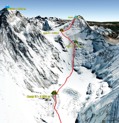 Map climb Lhotse in Nepal