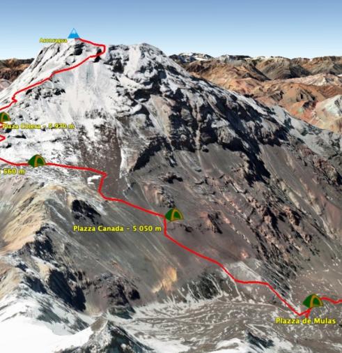 Map climb Aconcagua at 6962 meters in Argentina