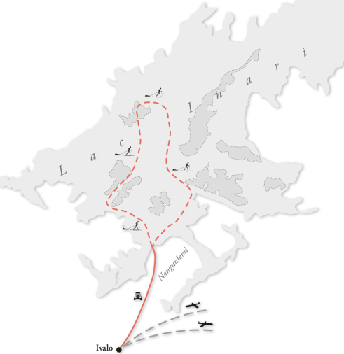 Carte d'initéraire du raid sur le lac Inari en Finlande