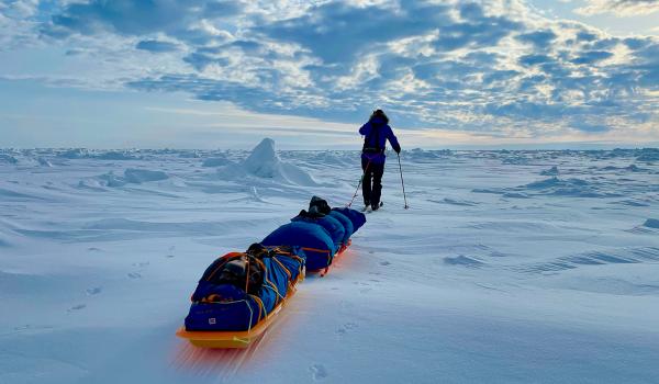 Expédition Skieur tire sa pulka dans l'immensité