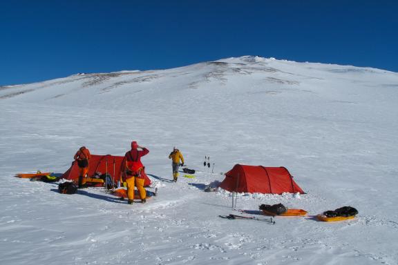 Climbers and tents at Mount Sidley high camp